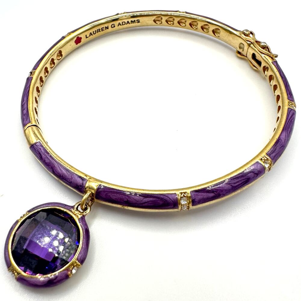 Lauren G Adams 18kt gold plated purple CZ enamel hinged clamper bangle bracelet